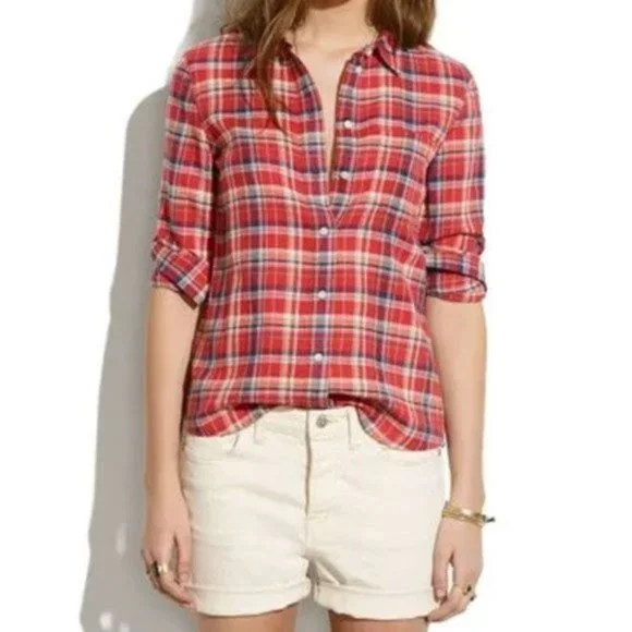 Madewell Red Suntour Plaid Button Down Boyshirt Top - Picture 9 of 9